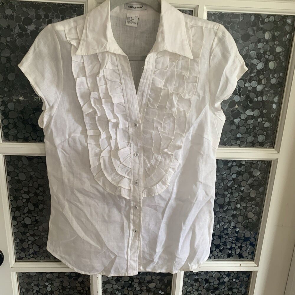 Richard Malcolm Linen Top Ruffle Front Button Up Shirt Sz S Cap Sleeve Romantic